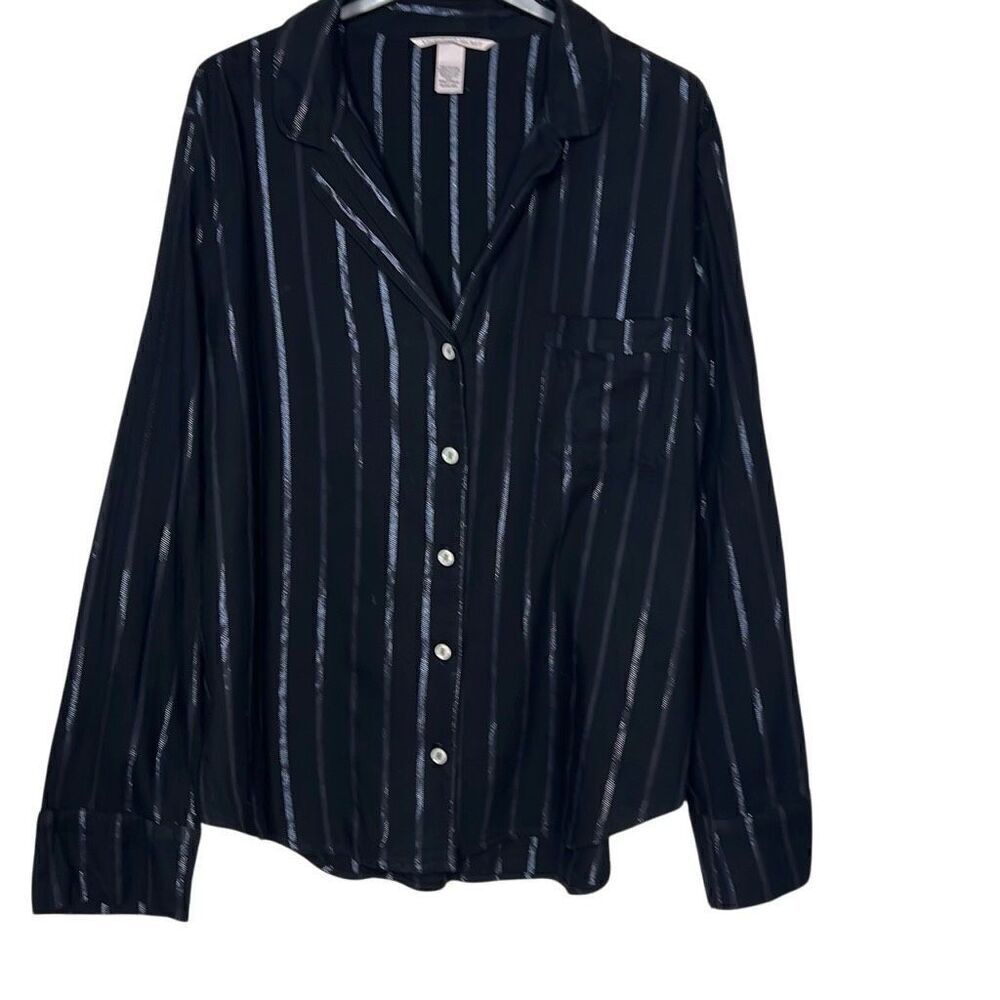 Victoria’s Secret Striped Button-Up Black with Silver Stripes Pajama Shirt  M (3